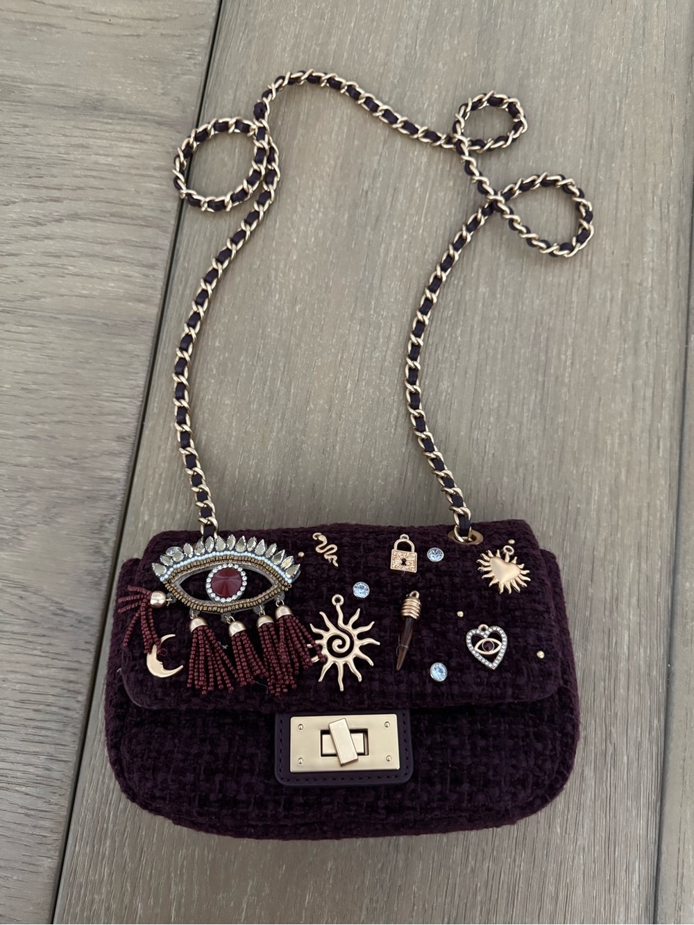 Aldo Brown with a burgundy hue Quilted Embellished Crossbody Bag